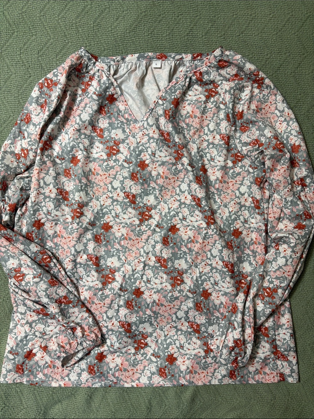 SHEIN Pink Gray Floral V-Neck Long Sleeve Blouse